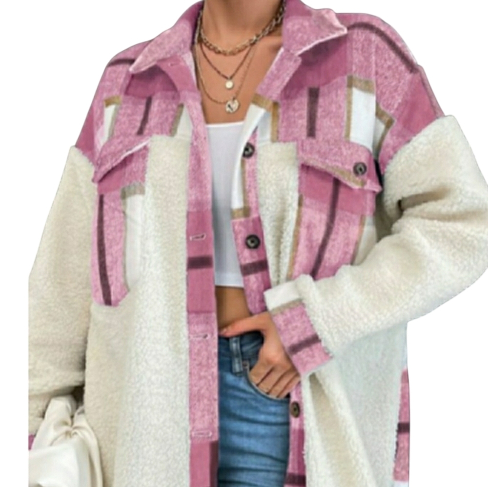 TEDDY PINK PLAID SHERPA OVERSIZED CUDDLE  WARM CZ LG COAT/POCKETS